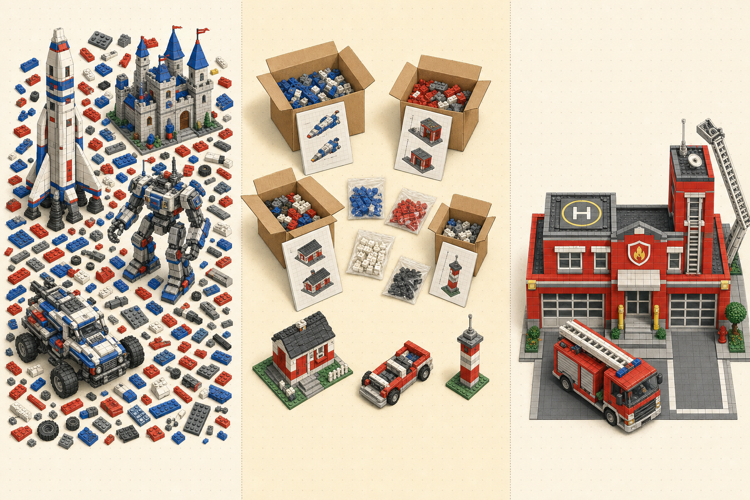 Flat illustration of a brick-building table in three zones. Left: an abundant pile of loose colourful bricks with ambitious half-built models rising from it, a tall spaceship, a turreted castle, a robot mech, a wheeled vehicle. Middle: three or four opened construction-set boxes with printed instruction sheets and pre-sorted brick bags, plus a few simple half-built models, a small house, a car, a tower. Right: a single fully assembled red fire-station playset with a fire truck out front, extended ladders, and a rooftop helipad.