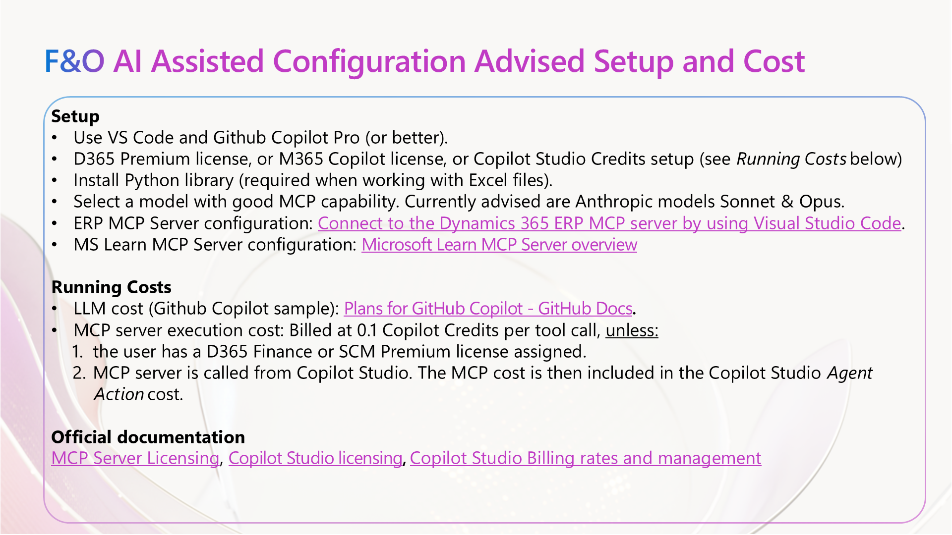F&O AI Assisted Configuration Advised Setup and Cost